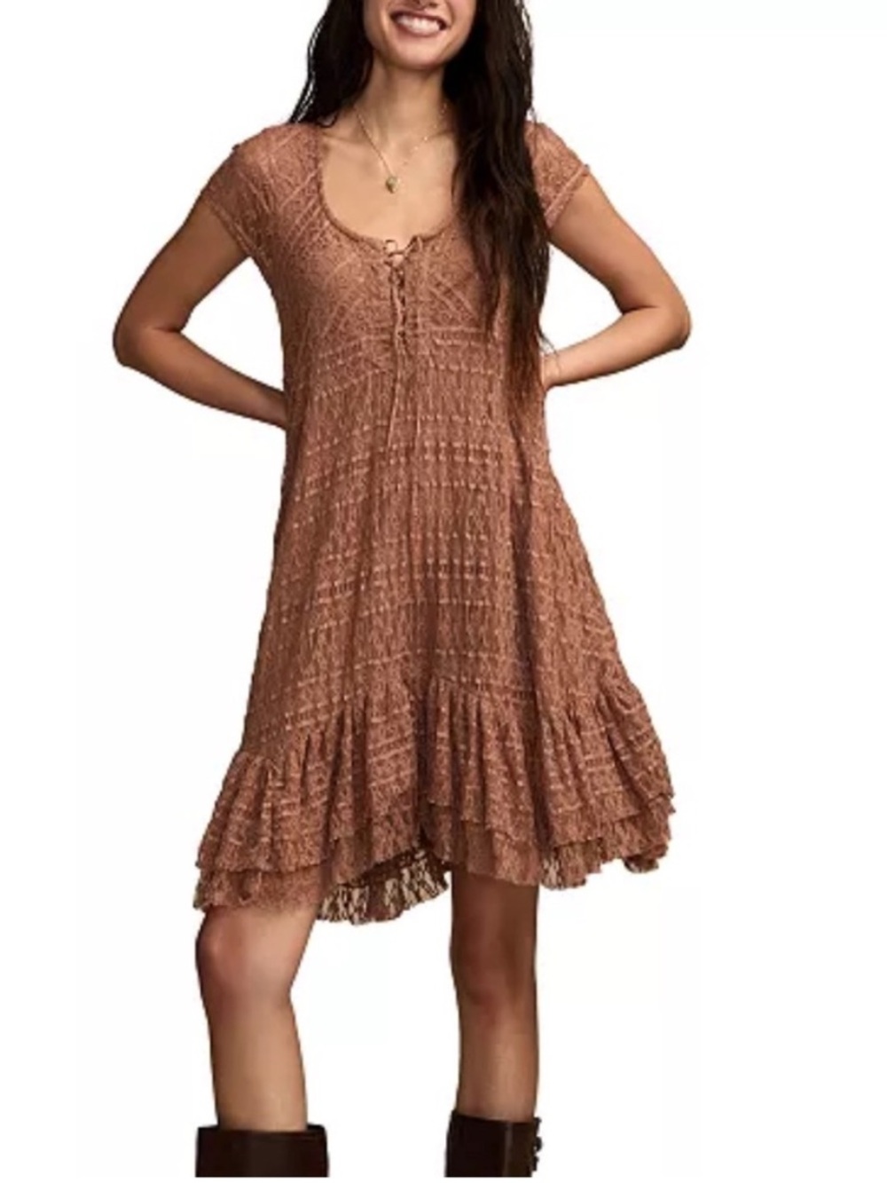 Lucky Brand Brown Lace Mini
Dress with Ruffled Hem
Sz XXL